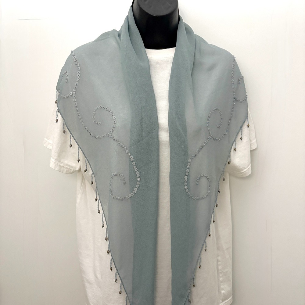 Vintage Scarf Beaded Sequin Fringe Chiffon OS Blue Green